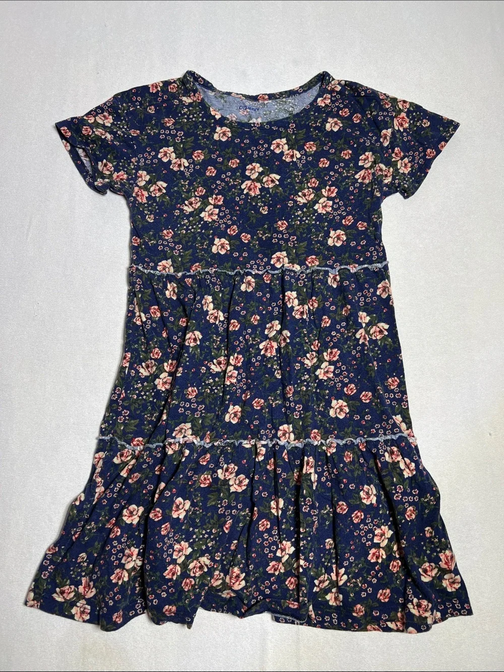 Old Navy Navy Floral Short-Sleeve Tiered Dress